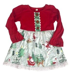 RicRac Ruffles Christmas Dress Red Santa Sleigh Whimsical Crochet TrimHoliday 3T